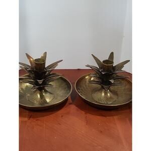 Matching Pair of Vintage Pineapple Solid Brass Candle Holders Sticks Indis